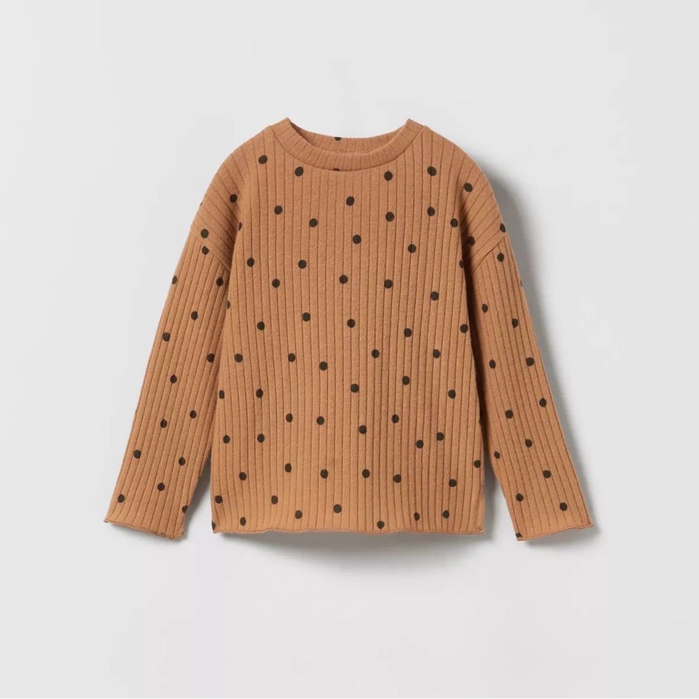 Zara brown polka dot long sleeve rib Girls top size 3 to 4 years